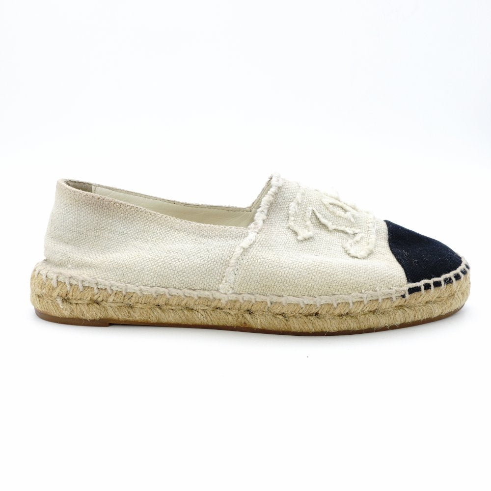 CHANEL Espadrille Slip-On Canvas Beige × Black EU 37 Women's Approx. 23.5~9.4" 7-10-836