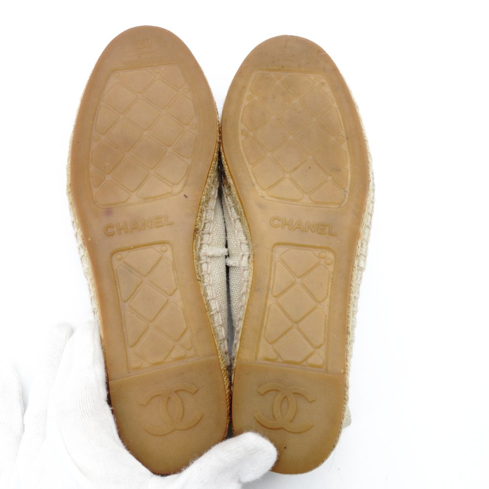 CHANEL Espadrille Slip-On Canvas Beige × Black EU 37 Women's Approx. 23.5~9.4" 7-10-836