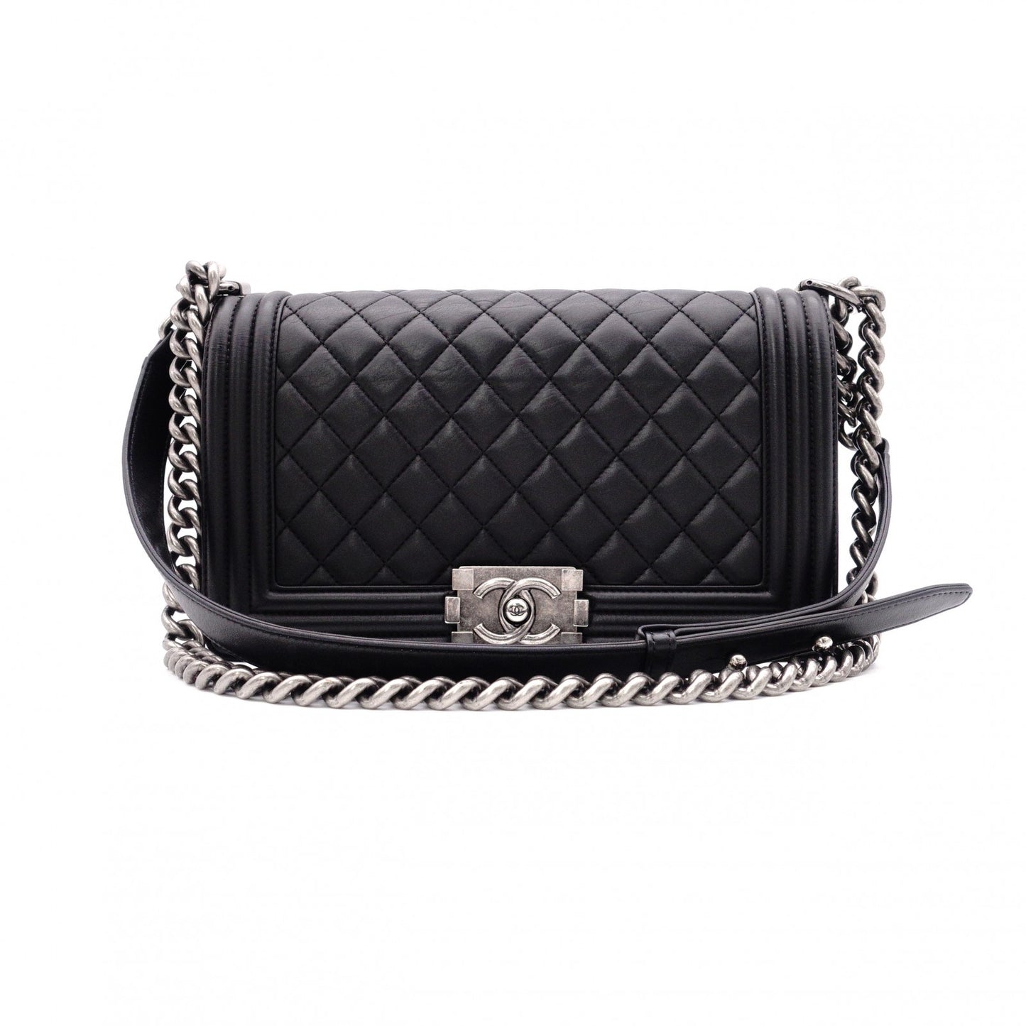 CHANEL Lambskin Boy Chanel 25 Shoulder Bag, Leather, Black, Gunmetal Hardware