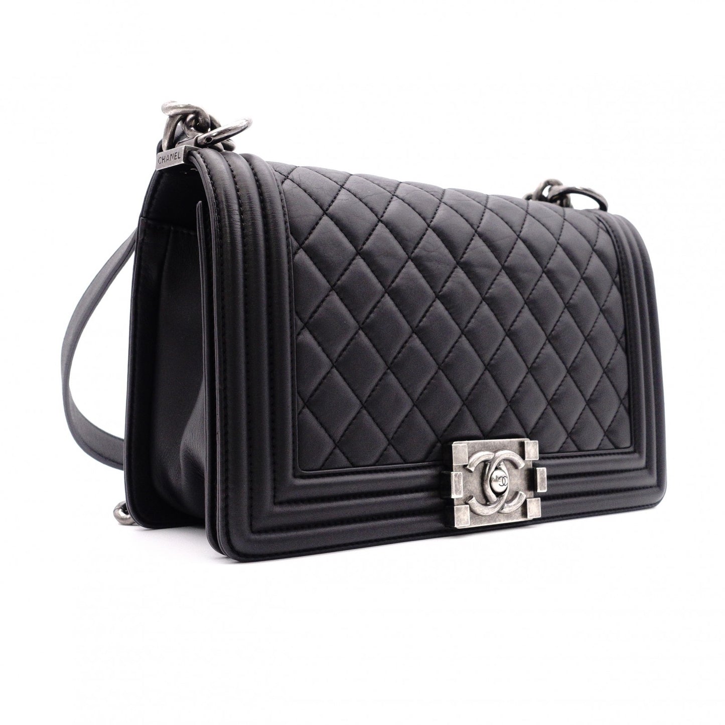 CHANEL Lambskin Boy Chanel 25 Shoulder Bag, Leather, Black, Gunmetal Hardware