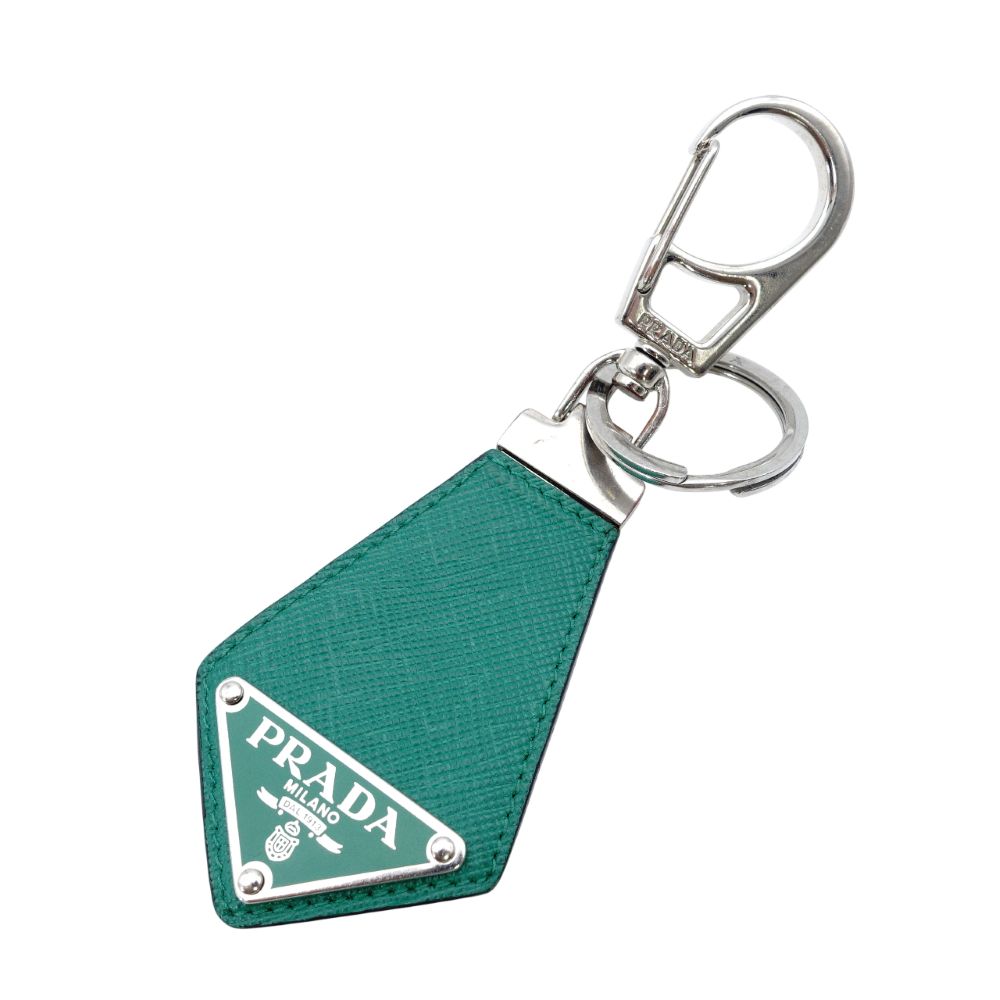 PRADA Saffiano Leather Key Ring Green Key Charm Green Silver Hardware 7-12-090