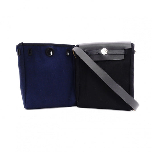 HERMES Shoulder Bag, Navy and Black, Crossbody, Canvas and Leather, □H Engraving
