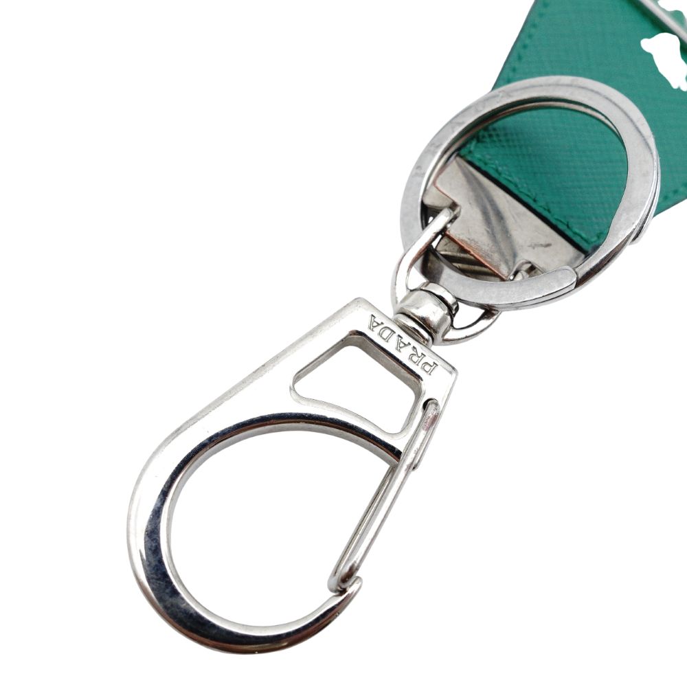 PRADA Saffiano Leather Key Ring Green Key Charm Green Silver Hardware 7-12-090