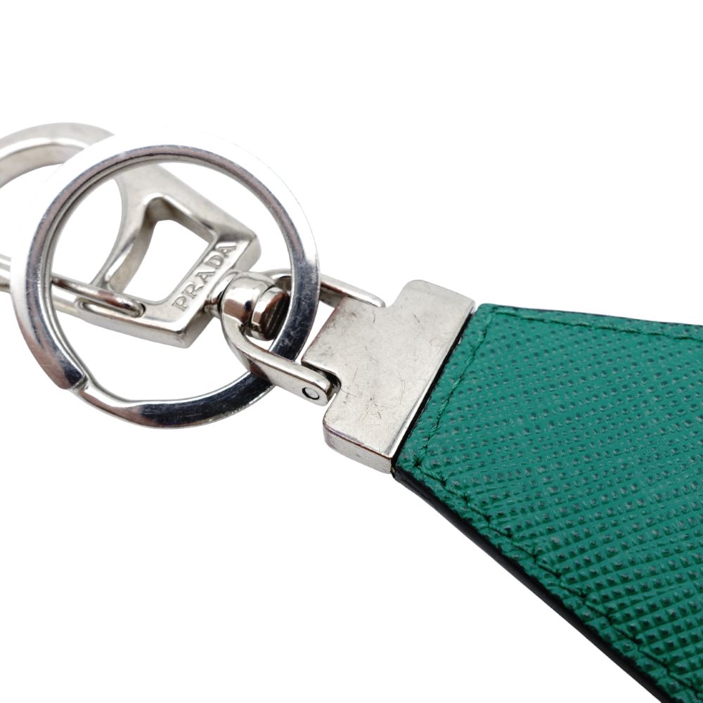 PRADA Saffiano Leather Key Ring Green Key Charm Green Silver Hardware 7-12-090