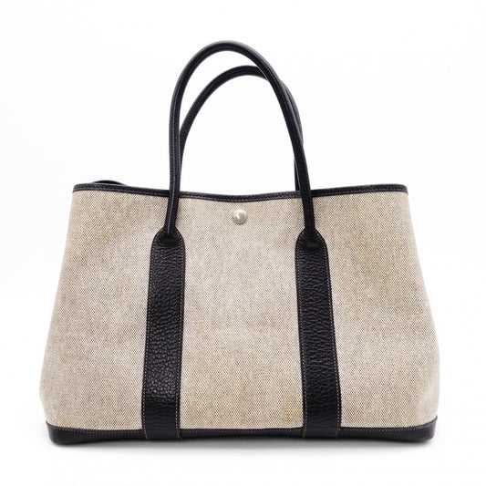 HERMES Garden Party Tote Bag, Canvas and Leather, Beige, with “F” Engraving