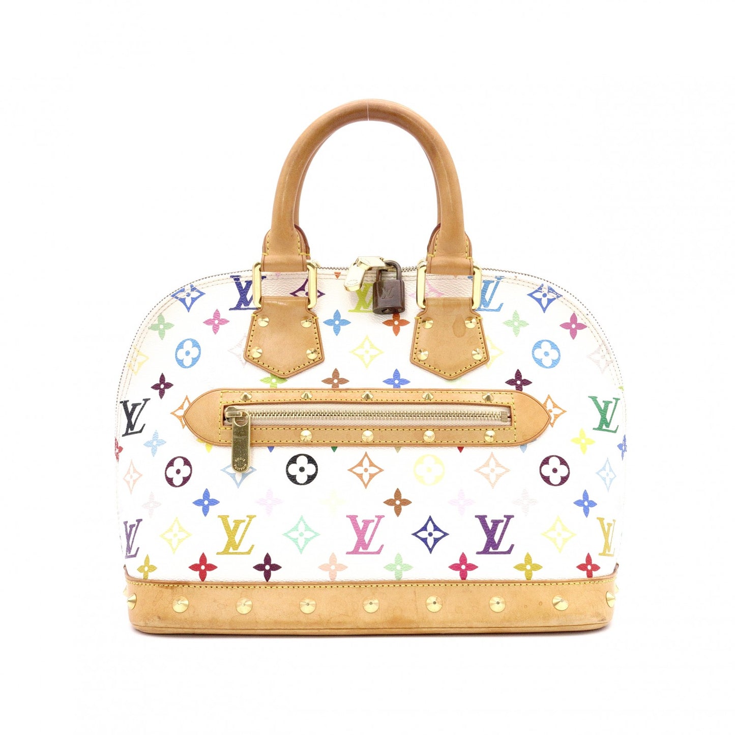 LOUIS VUITTON Alma Monogram Multicolor Handbag with Studs, Leather/PVC, White, Women's