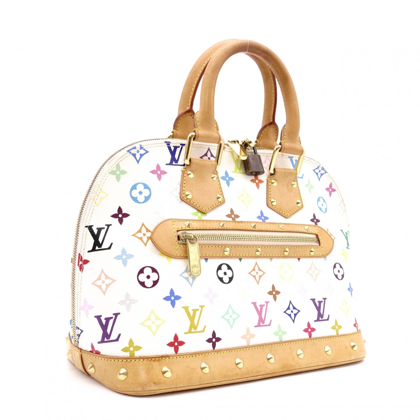 LOUIS VUITTON Alma Monogram Multicolor Handbag with Studs, Leather/PVC, White, Women's