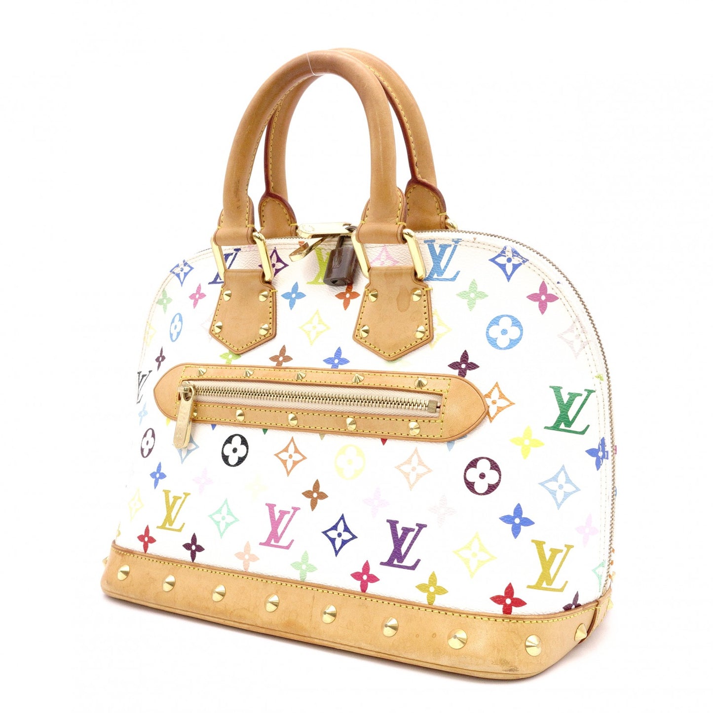 LOUIS VUITTON Alma Monogram Multicolor Handbag with Studs, Leather/PVC, White, Women's