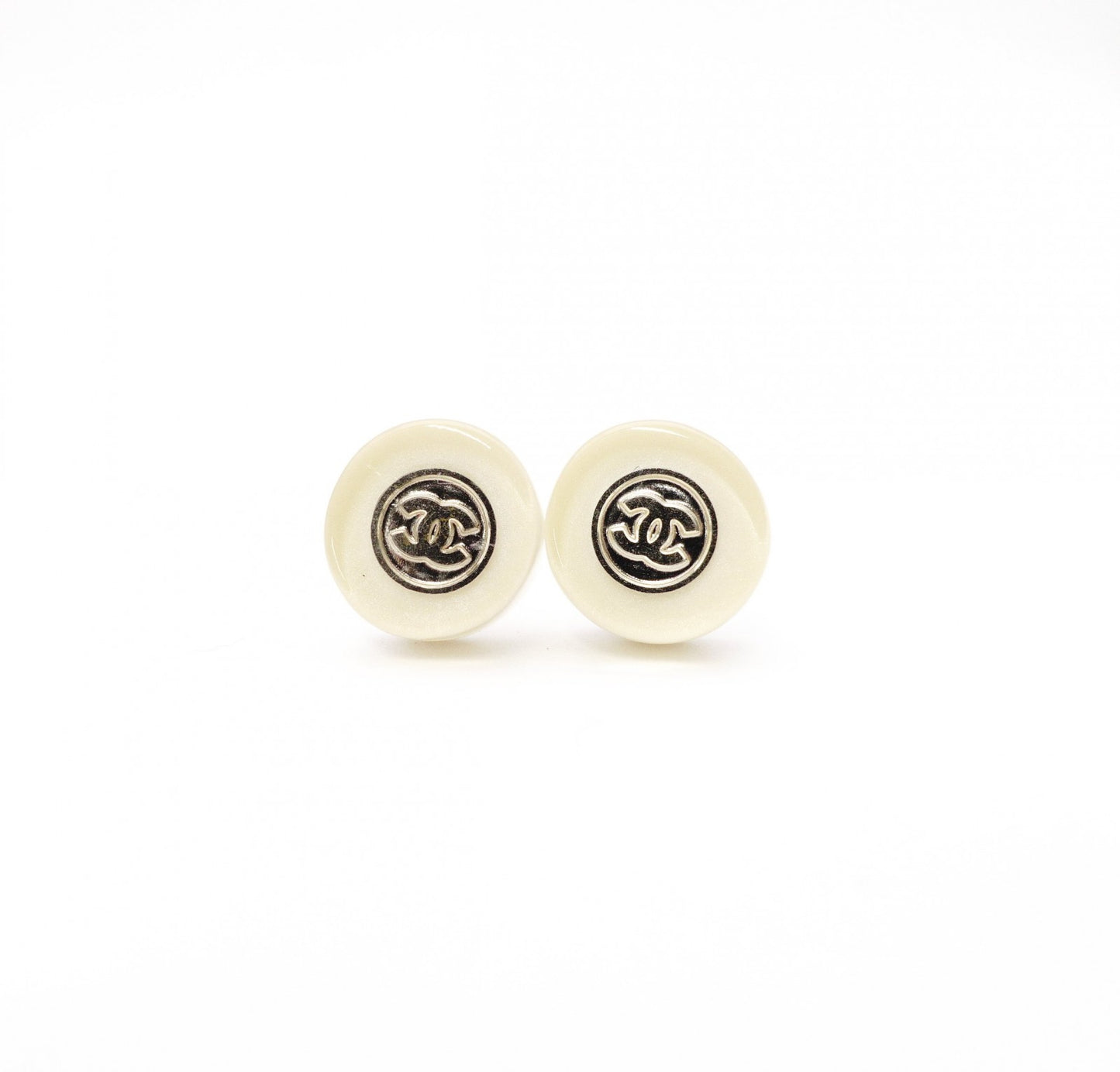 CHANEL Earrings, Metal, Silver, Off-White