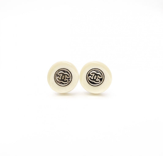 CHANEL Earrings, Metal, Silver, Off-White