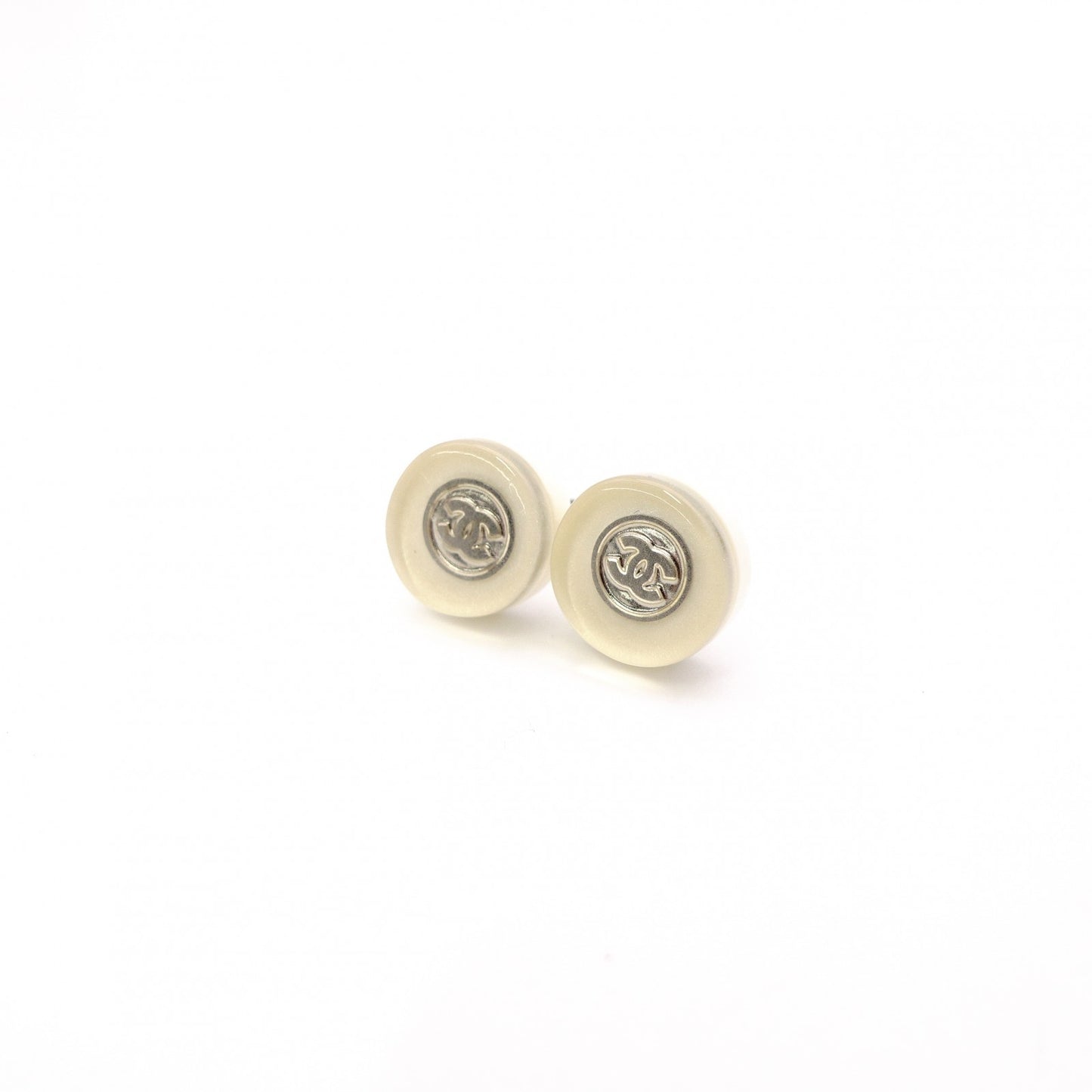 CHANEL Earrings, Metal, Silver, Off-White