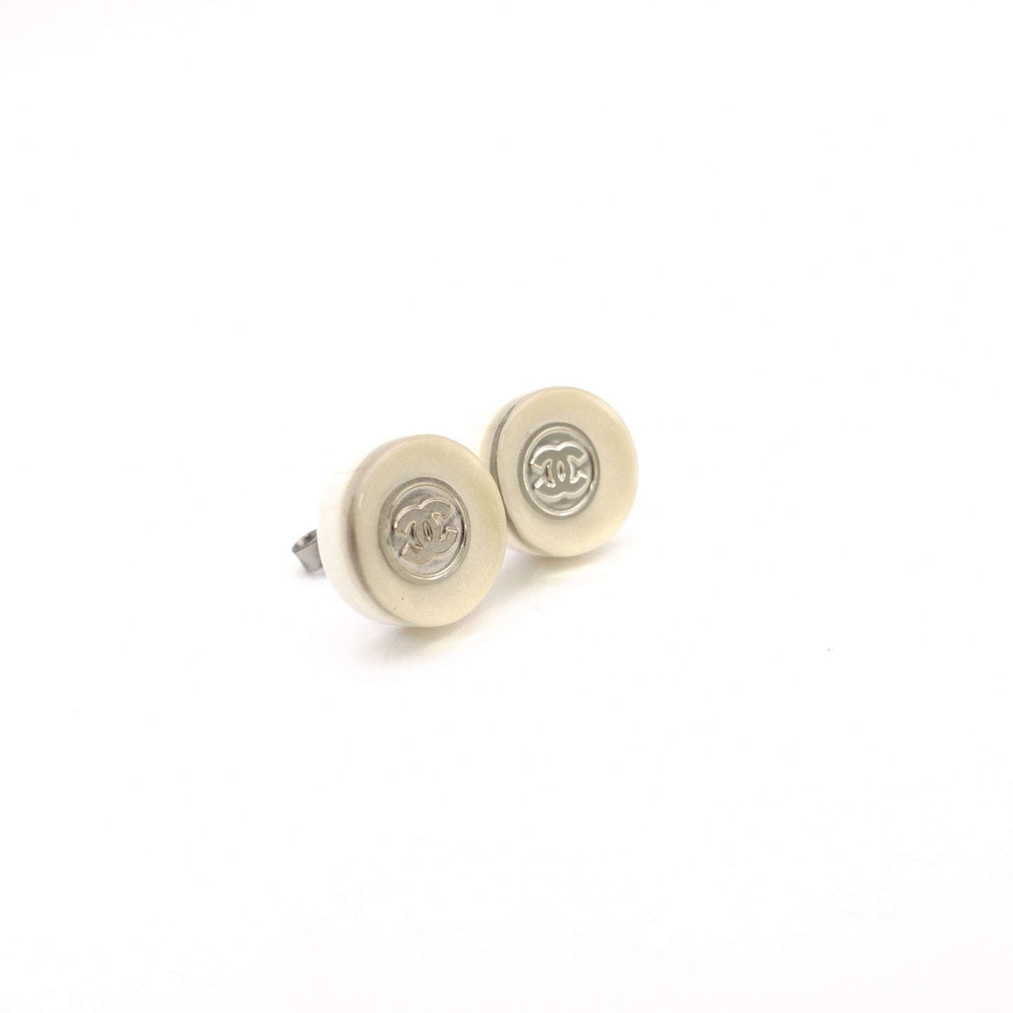 CHANEL Earrings, Metal, Silver, Off-White