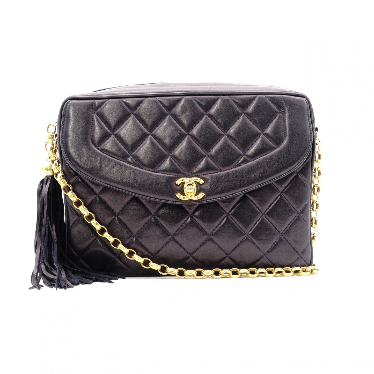 CHANEL Matelassé Fringe Chain Shoulder Bag, Black Lambskin, Women's