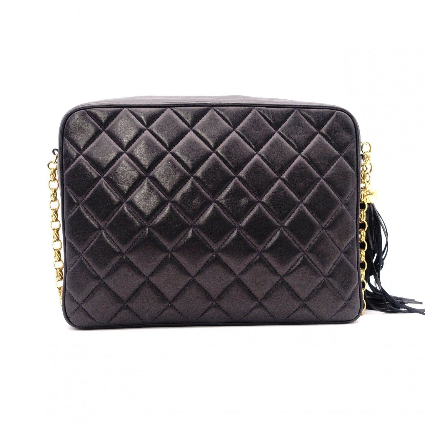 CHANEL Matelassé Fringe Chain Shoulder Bag, Black Lambskin, Women's