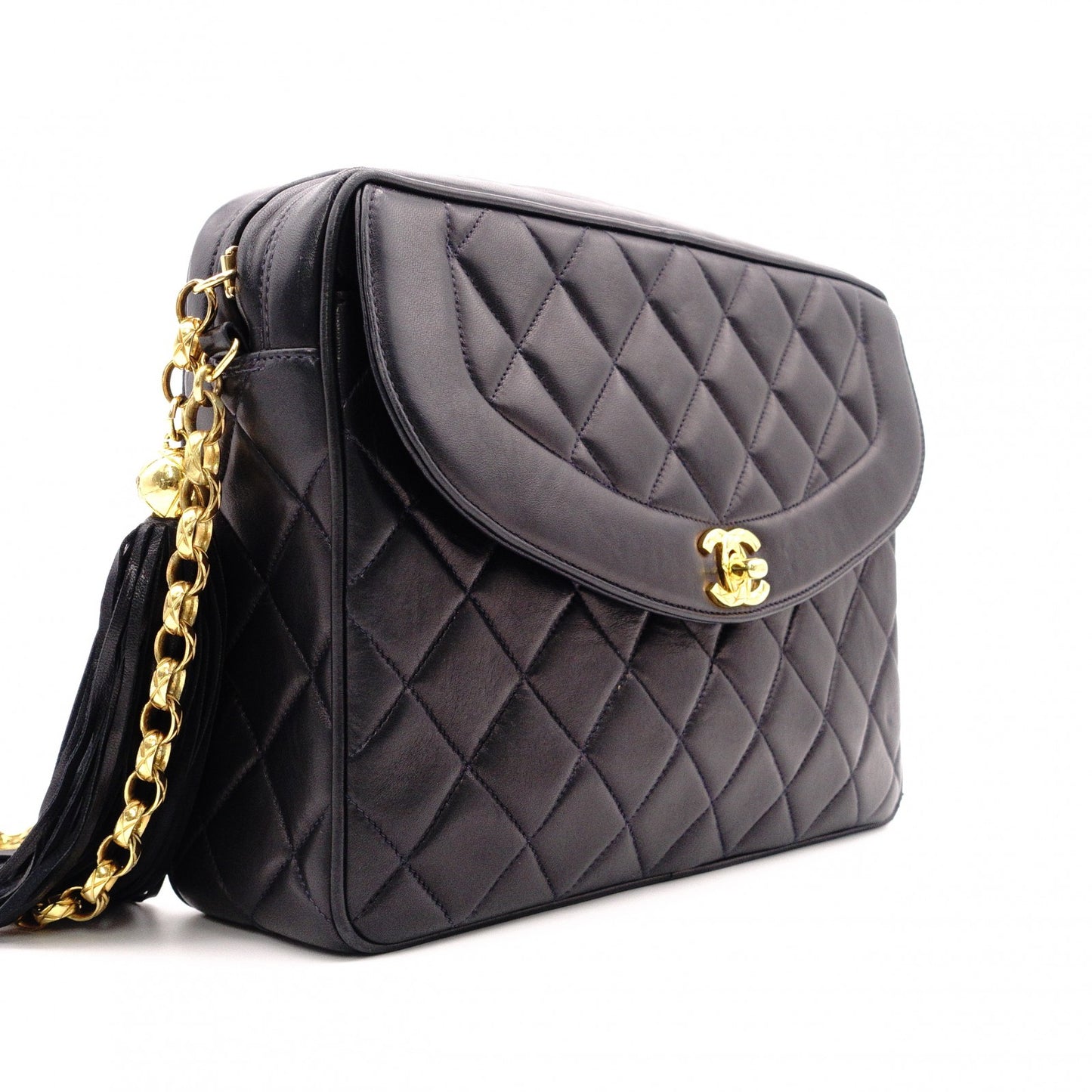 CHANEL Matelassé Fringe Chain Shoulder Bag, Black Lambskin, Women's
