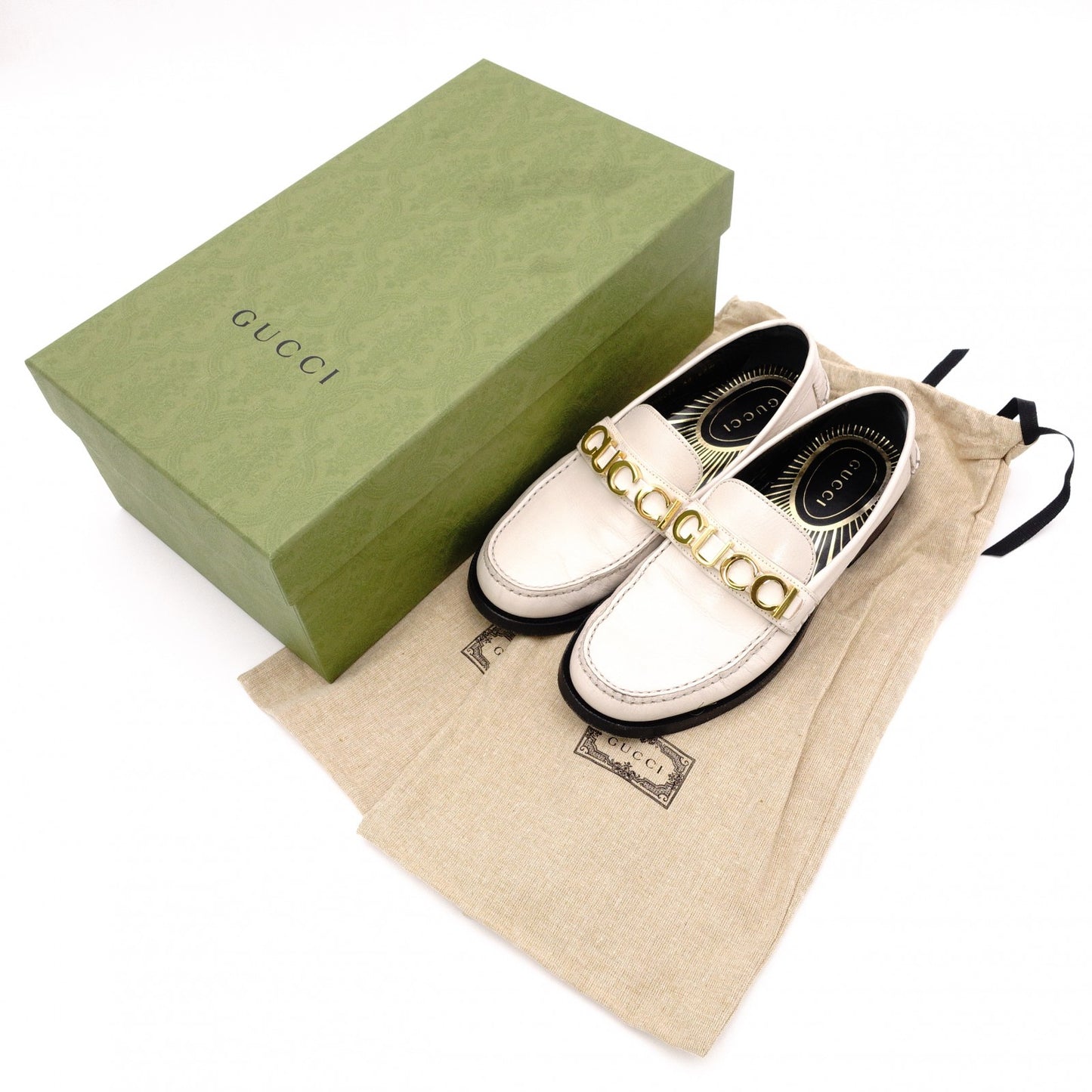 GUCCI Gold-Tone Metal Logo Loafers, Patent Leather, Beige, Size 38