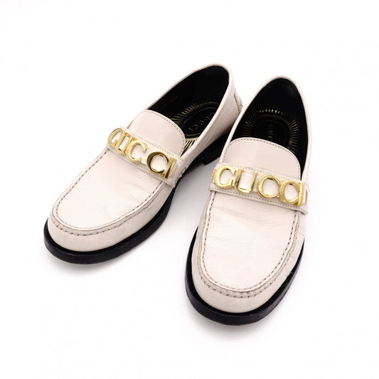 GUCCI Gold-Tone Metal Logo Loafers, Patent Leather, Beige, Size 38