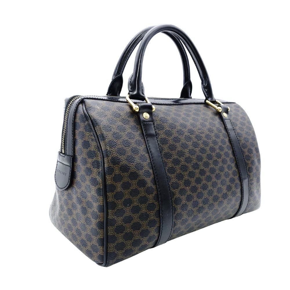 Celine Macadam Boston Bag Handbag Black × Brown PVC Leather Vintage 7-12-861