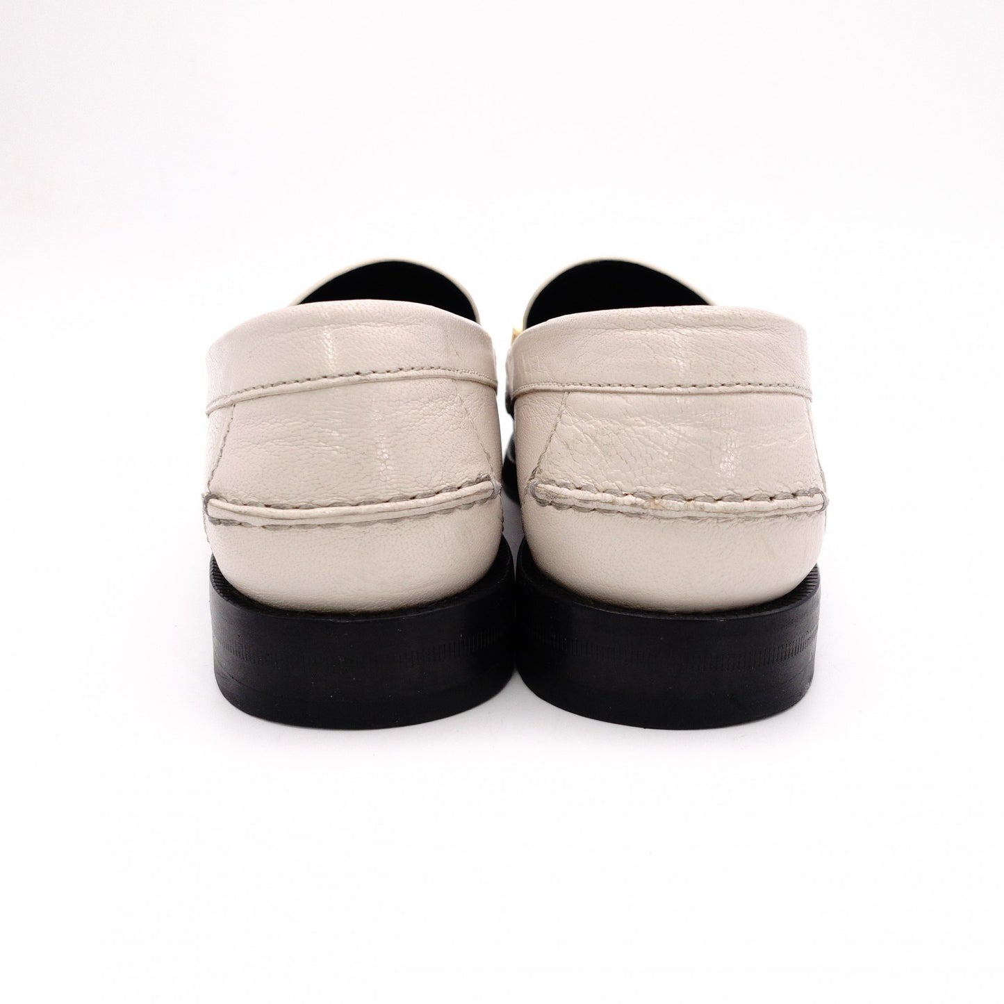 GUCCI Gold-Tone Metal Logo Loafers, Patent Leather, Beige, Size 38