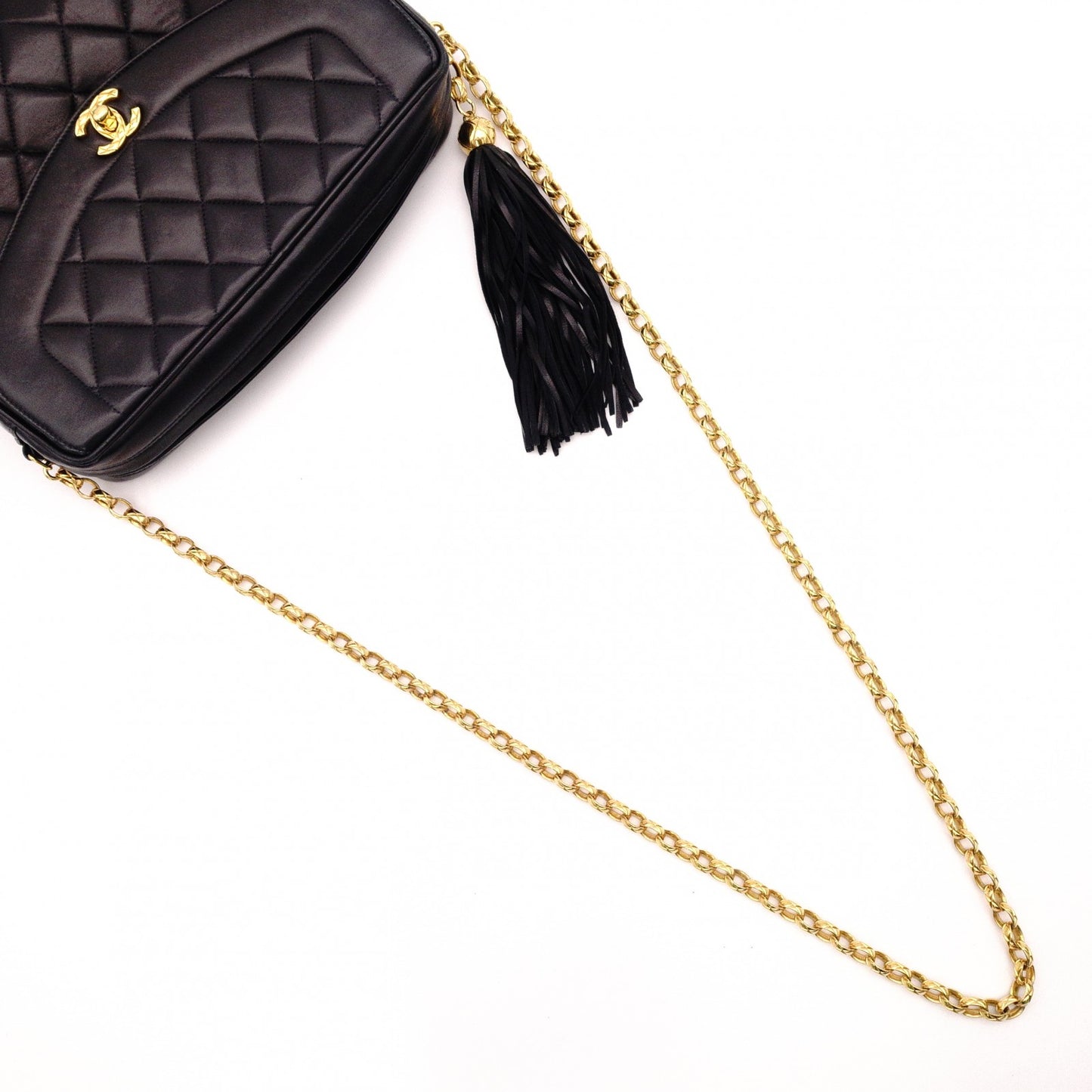 CHANEL Matelassé Fringe Chain Shoulder Bag, Black Lambskin, Women's