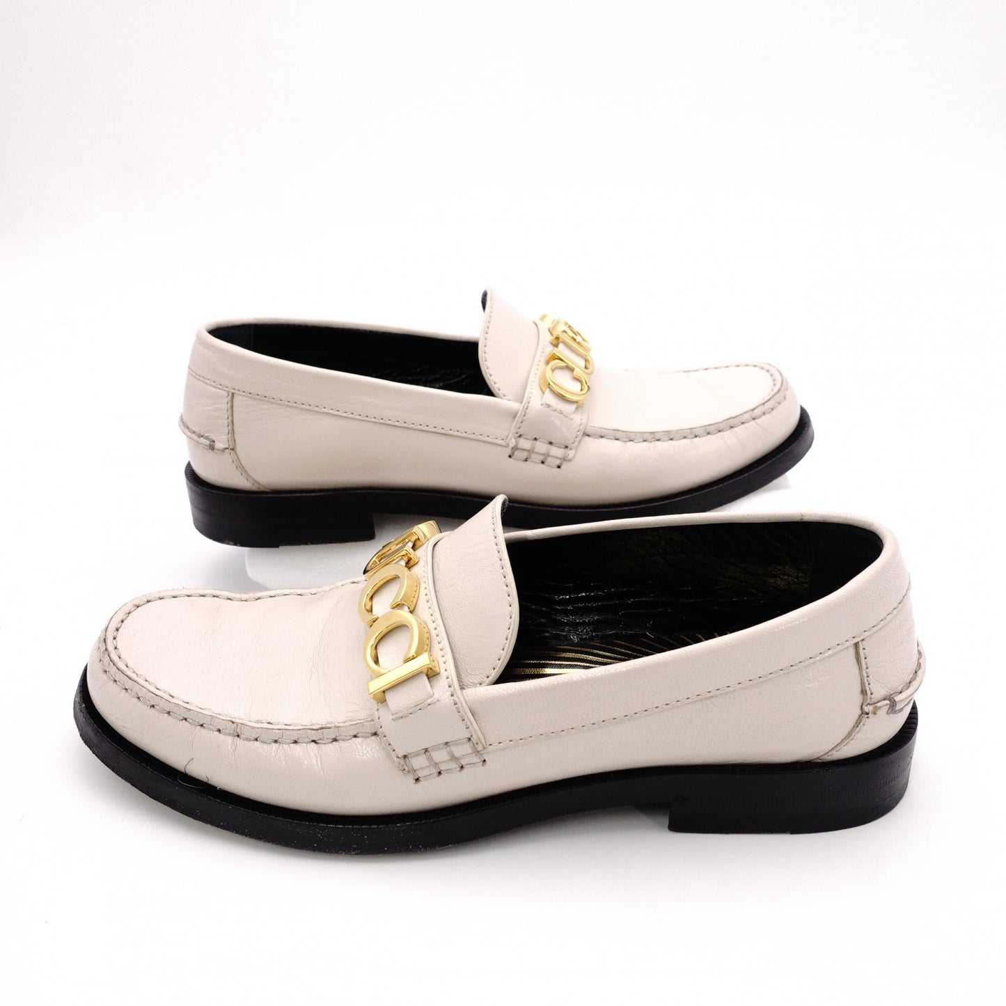 GUCCI Gold-Tone Metal Logo Loafers, Patent Leather, Beige, Size 38
