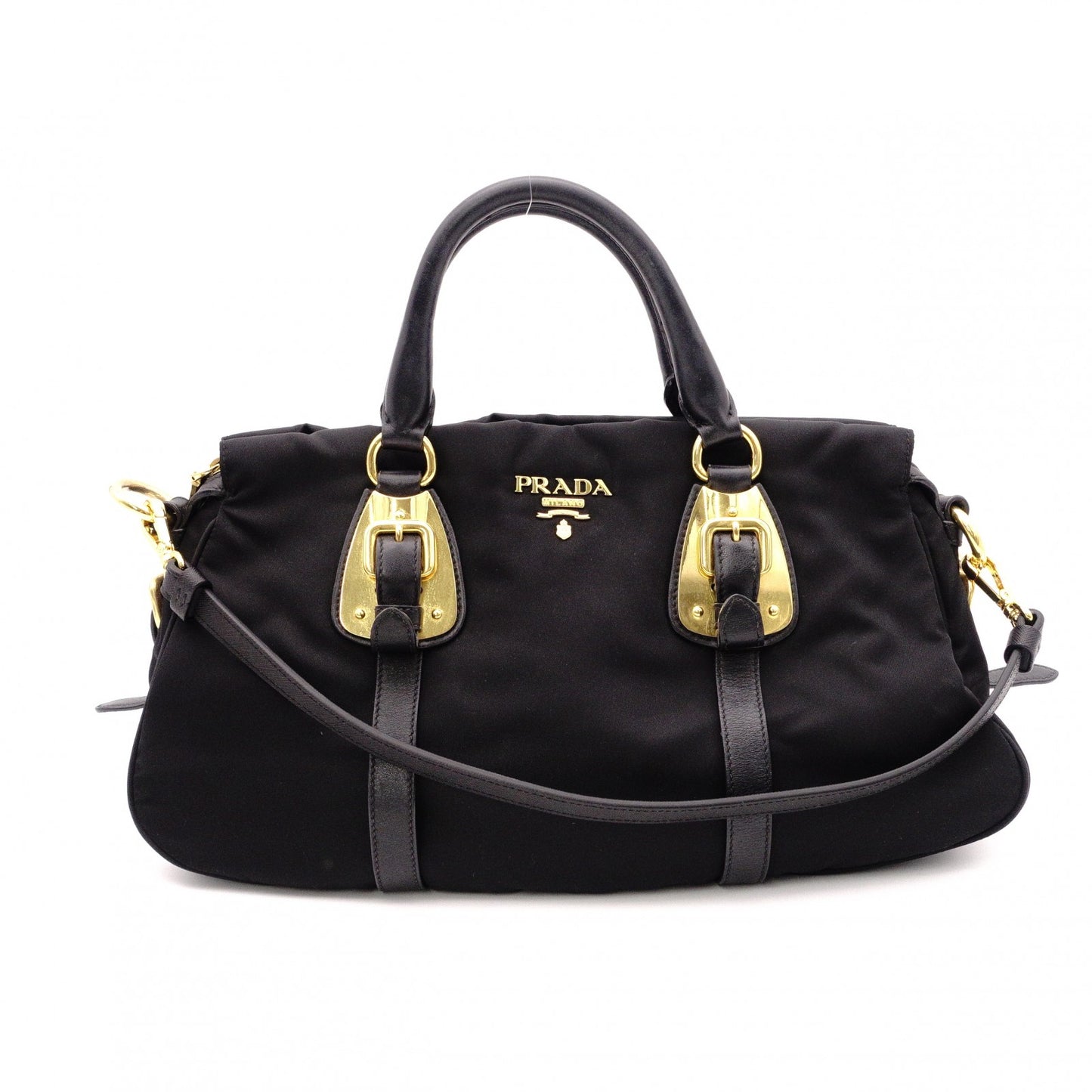 PRADA Shoulder Bag, Leather/Nylon, 2-Way Handbag, Black with Gold Hardware, Women's