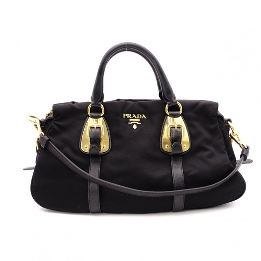 PRADA Shoulder Bag, Leather/Nylon, 2-Way Handbag, Black with Gold Hardware, Women's