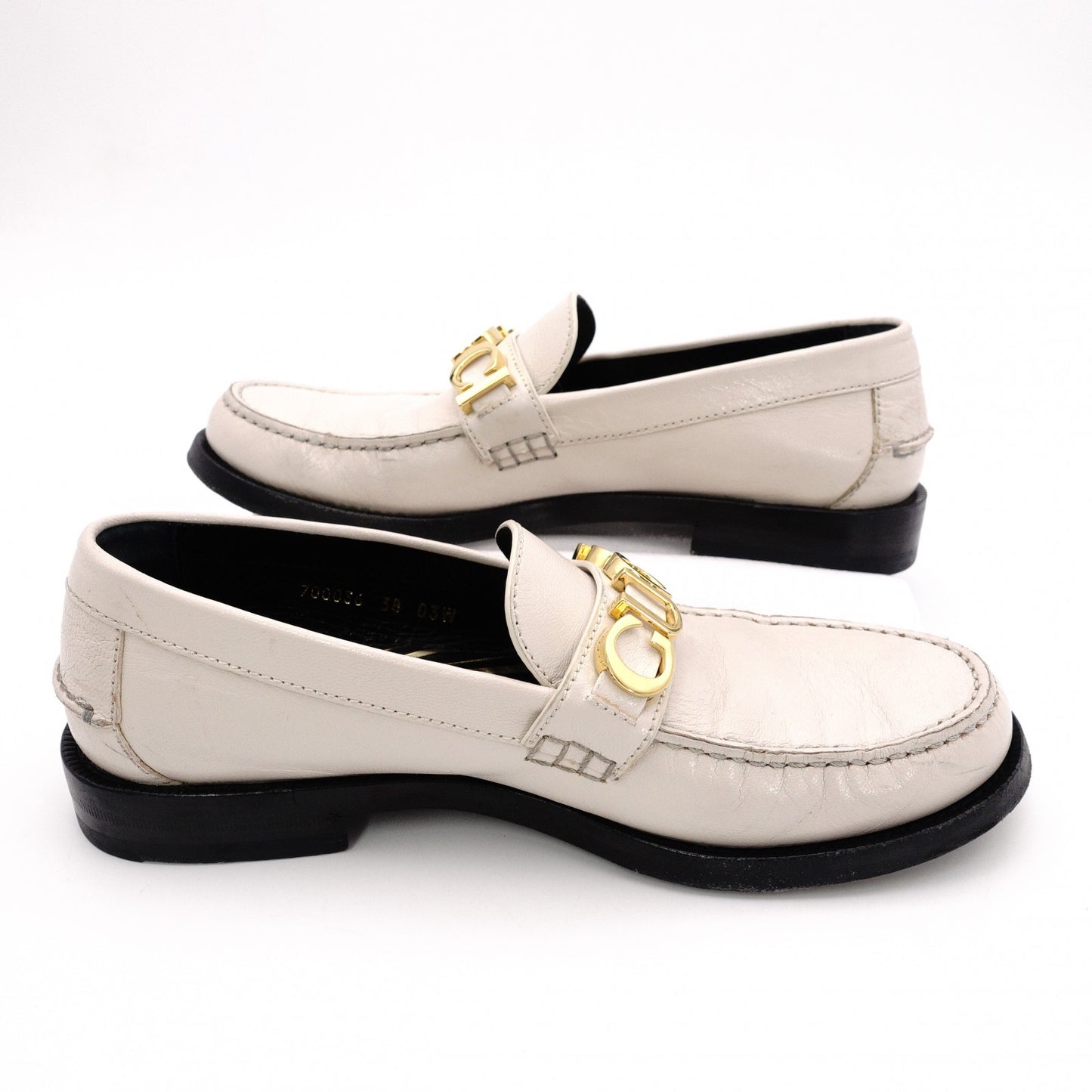 GUCCI Gold-Tone Metal Logo Loafers, Patent Leather, Beige, Size 38