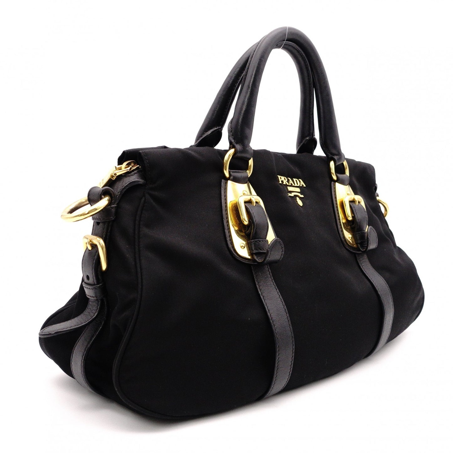 PRADA Shoulder Bag, Leather/Nylon, 2-Way Handbag, Black with Gold Hardware, Women's
