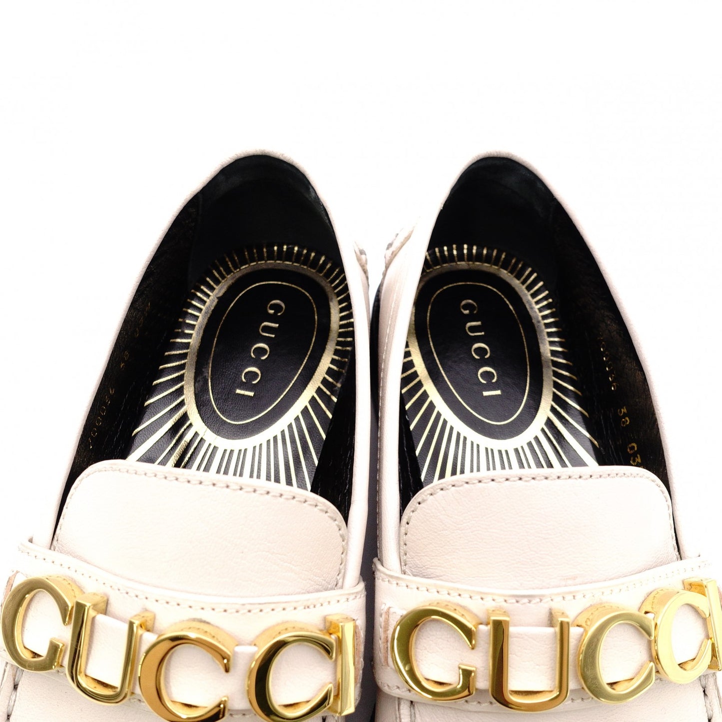 GUCCI Gold-Tone Metal Logo Loafers, Patent Leather, Beige, Size 38