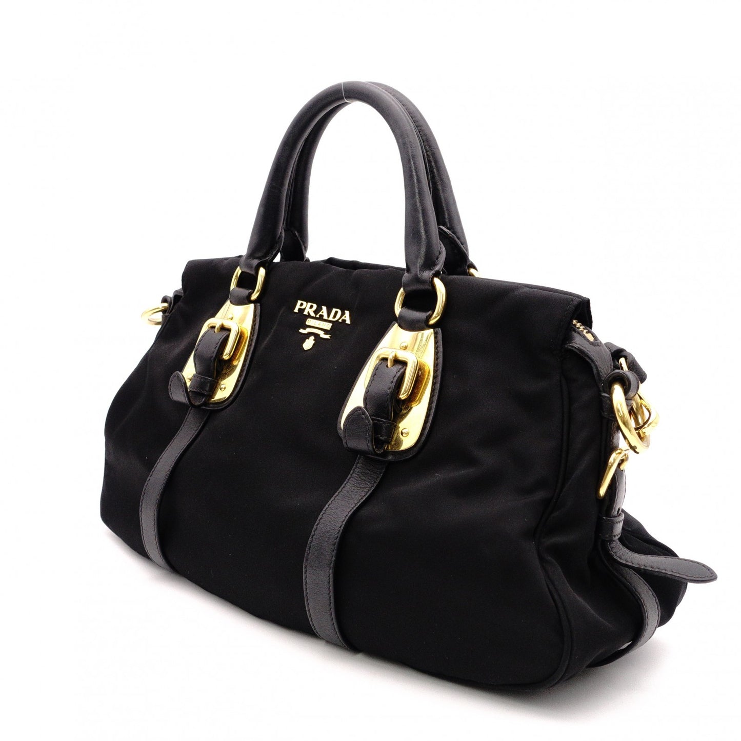 PRADA Shoulder Bag, Leather/Nylon, 2-Way Handbag, Black with Gold Hardware, Women's