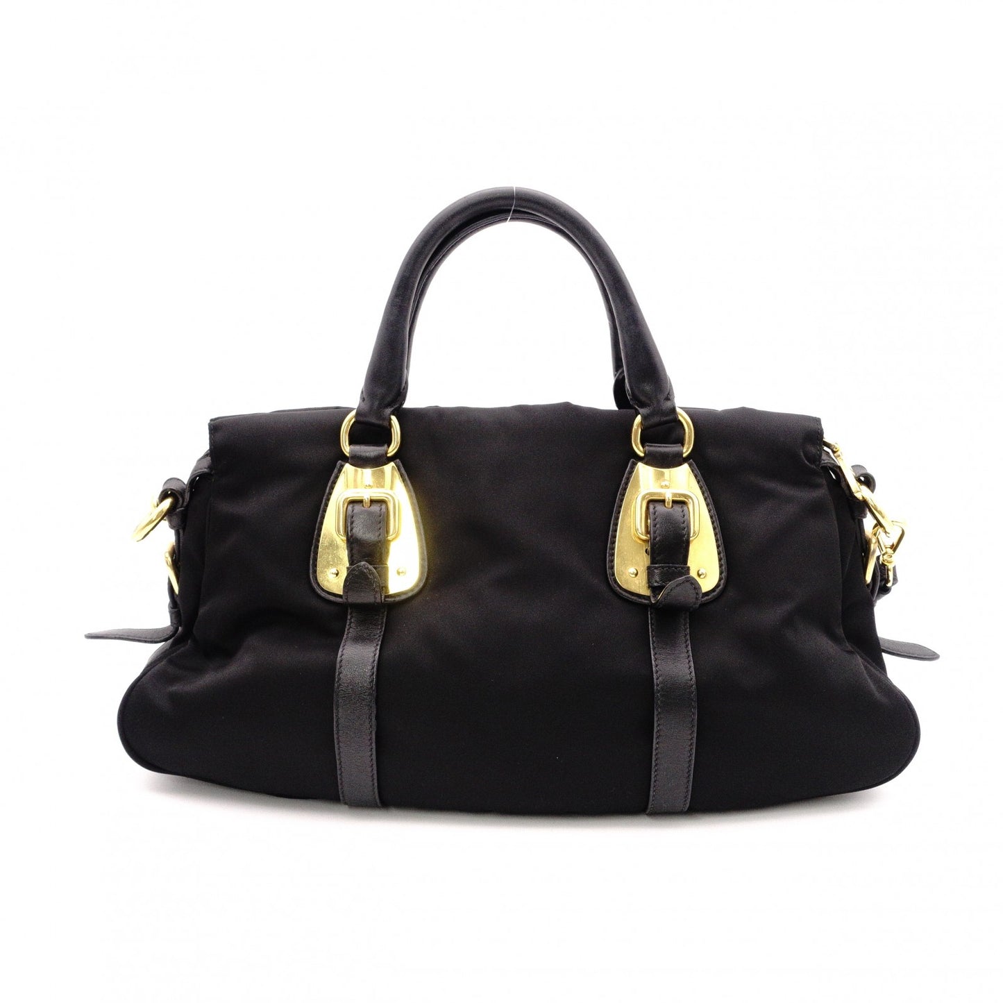 PRADA Shoulder Bag, Leather/Nylon, 2-Way Handbag, Black with Gold Hardware, Women's