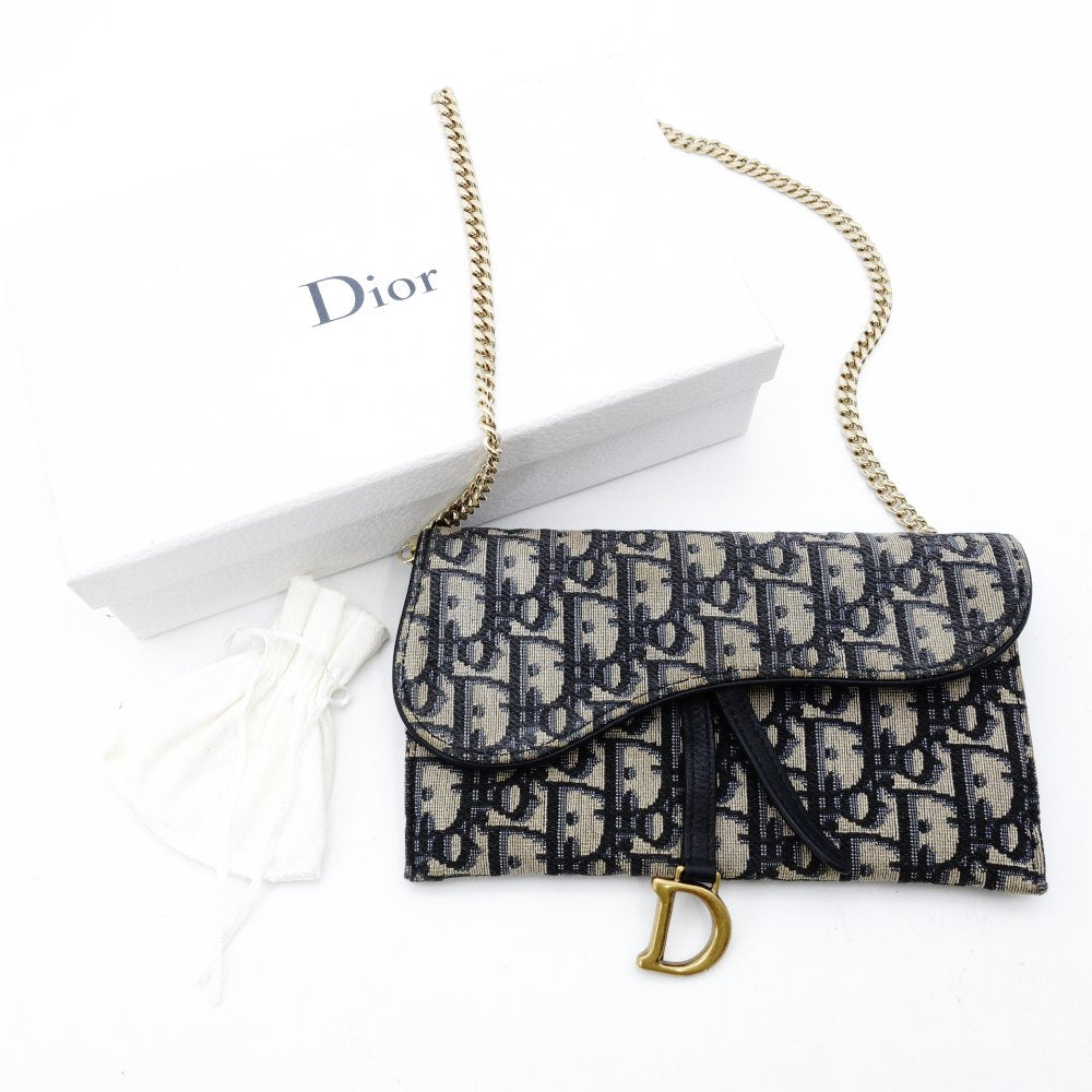Christian Dior Oblique Shoulder Bag Chain Wallet Saddle Navy × Beige Canvas 7-11-616