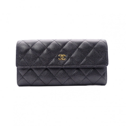CHANEL Flap Long Wallet, Matelassé, Long Wallet, Leather, Black Caviar Skin, Gold Hardware