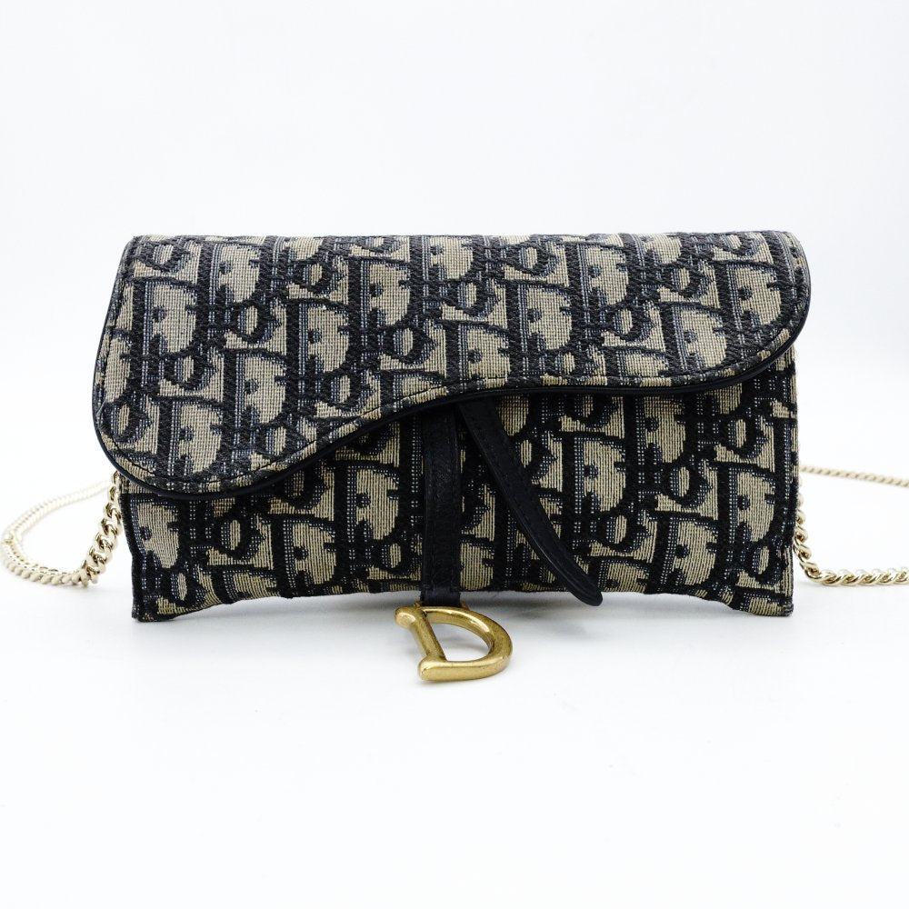 Christian Dior Oblique Shoulder Bag Chain Wallet Saddle Navy × Beige Canvas 7-11-616