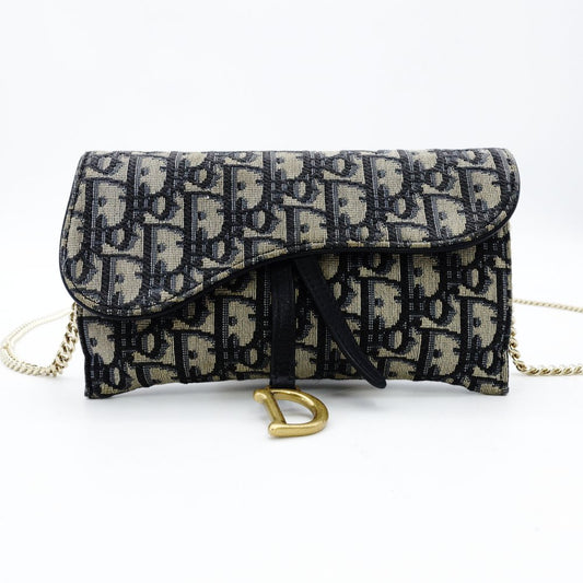 Christian Dior Oblique Shoulder Bag Chain Wallet Saddle Navy × Beige Canvas 7-11-616