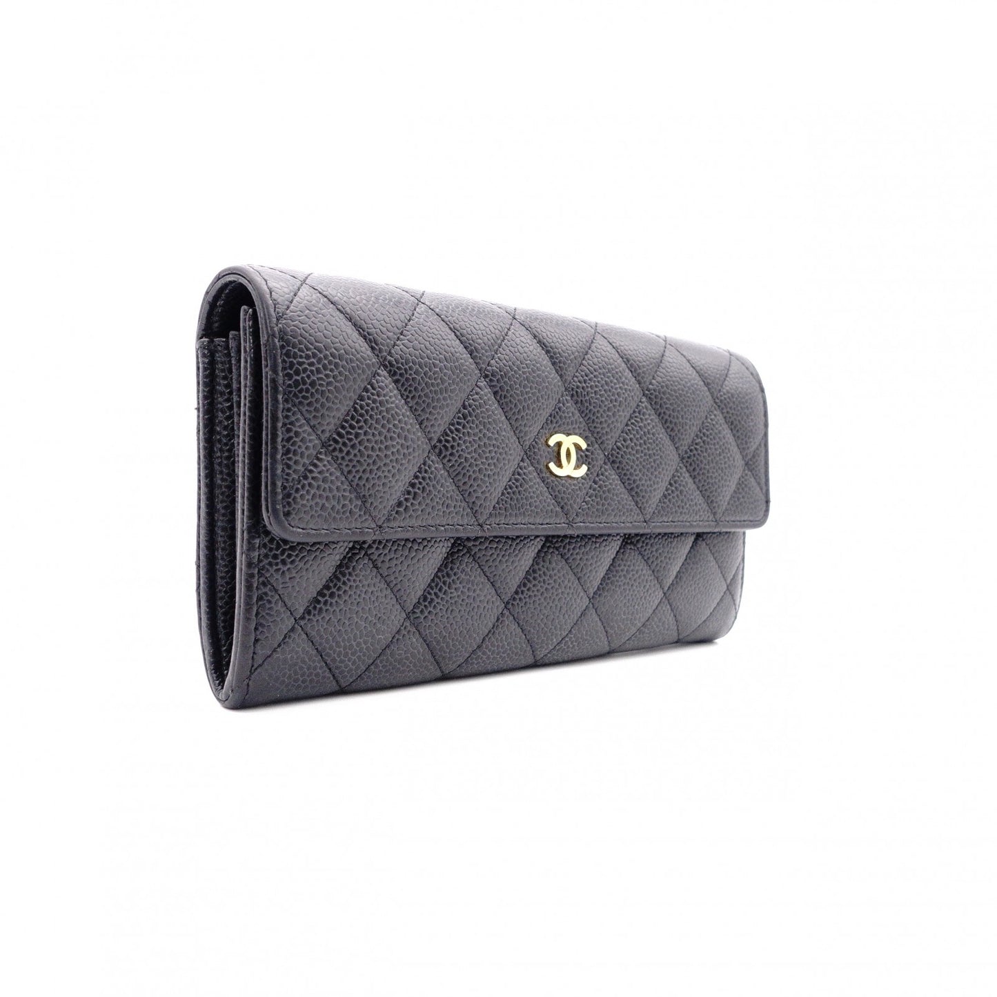 CHANEL Flap Long Wallet, Matelassé, Long Wallet, Leather, Black Caviar Skin, Gold Hardware