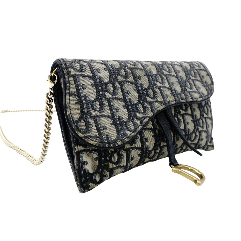 Christian Dior Oblique Shoulder Bag Chain Wallet Saddle Navy × Beige Canvas 7-11-616