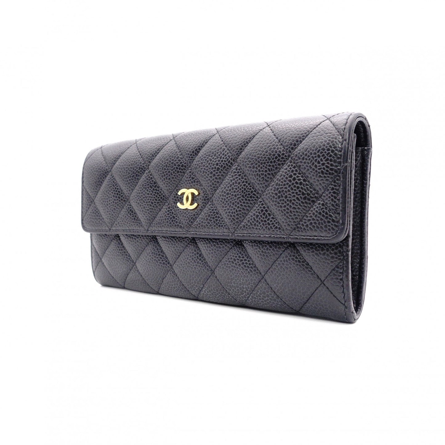 CHANEL Flap Long Wallet, Matelassé, Long Wallet, Leather, Black Caviar Skin, Gold Hardware