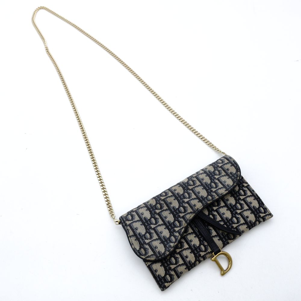 Christian Dior Oblique Shoulder Bag Chain Wallet Saddle Navy × Beige Canvas 7-11-616