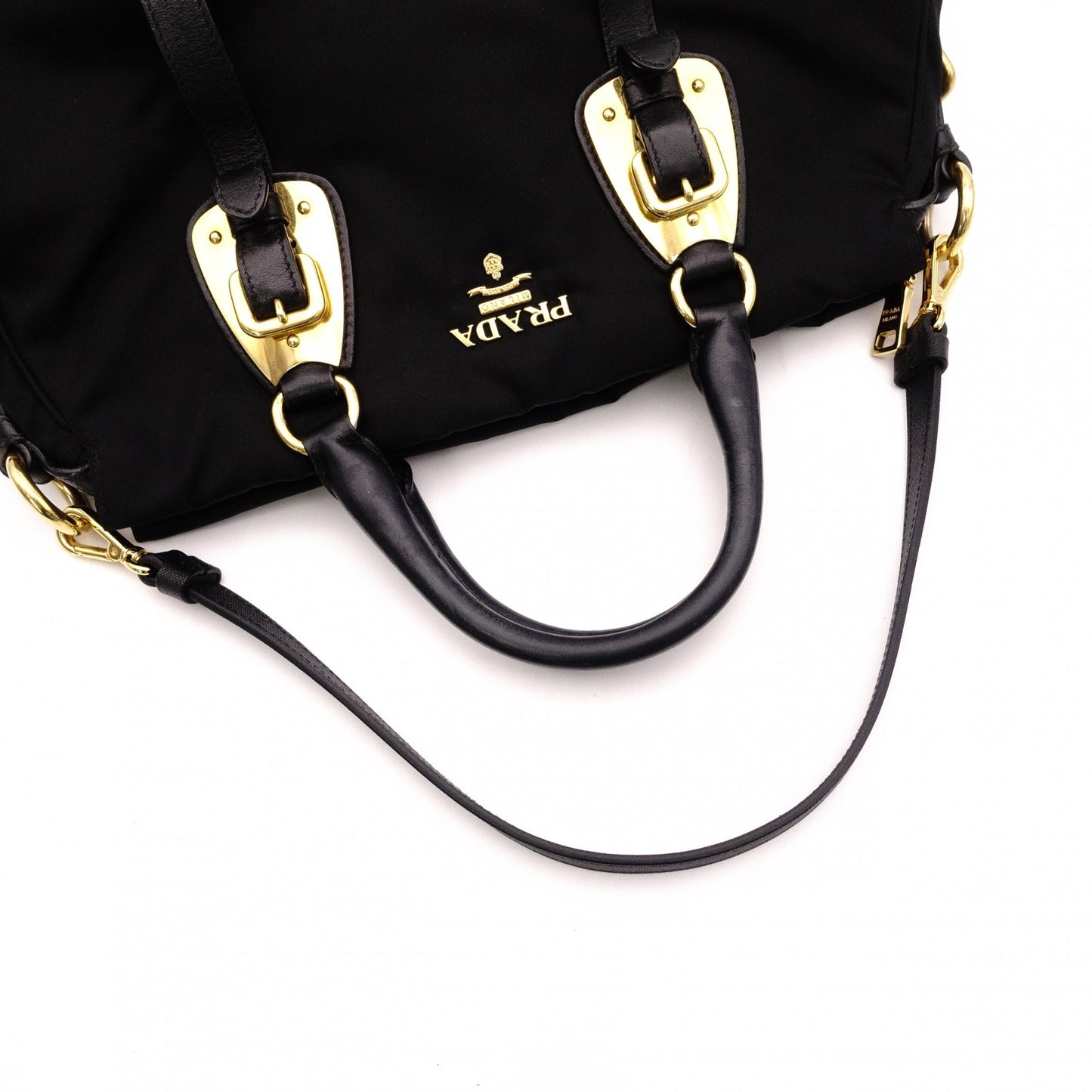 PRADA Shoulder Bag, Leather/Nylon, 2-Way Handbag, Black with Gold Hardware, Women's