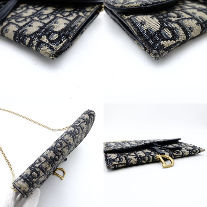 Christian Dior Oblique Shoulder Bag Chain Wallet Saddle Navy × Beige Canvas 7-11-616