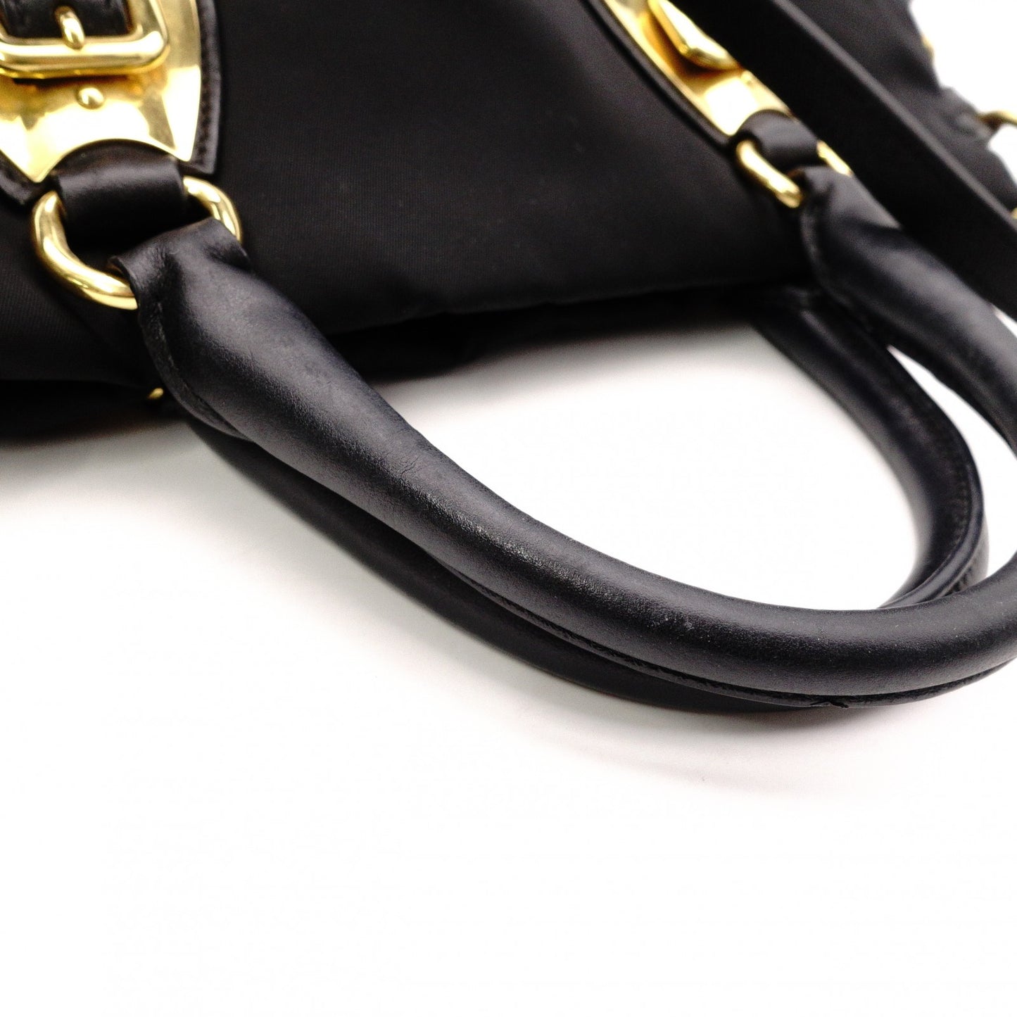 PRADA Shoulder Bag, Leather/Nylon, 2-Way Handbag, Black with Gold Hardware, Women's