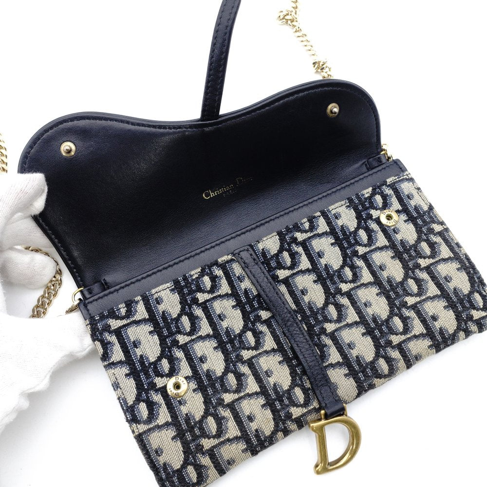 Christian Dior Oblique Shoulder Bag Chain Wallet Saddle Navy × Beige Canvas 7-11-616