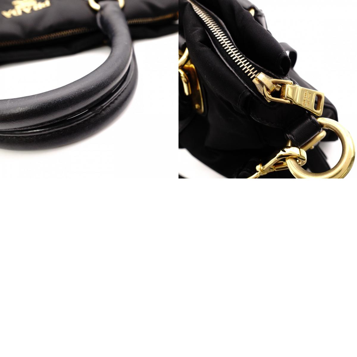 PRADA Shoulder Bag, Leather/Nylon, 2-Way Handbag, Black with Gold Hardware, Women's