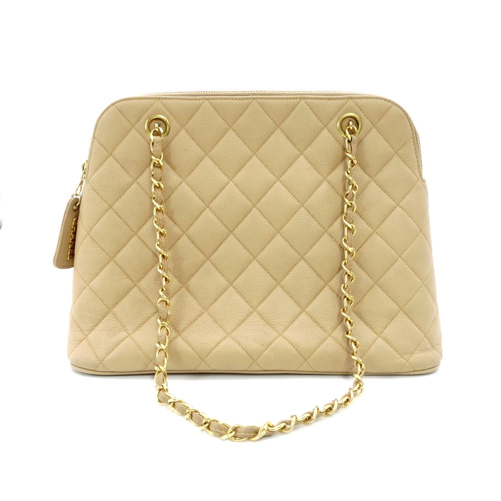 CHANEL Matelassé Beige Caviar Skin Chain Shoulder Bag Leather Quilted 7-11-136