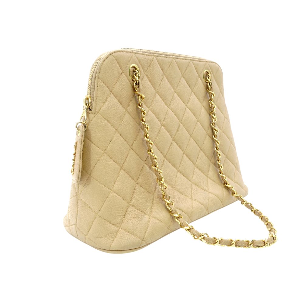 CHANEL Matelassé Beige Caviar Skin Chain Shoulder Bag Leather Quilted 7-11-136