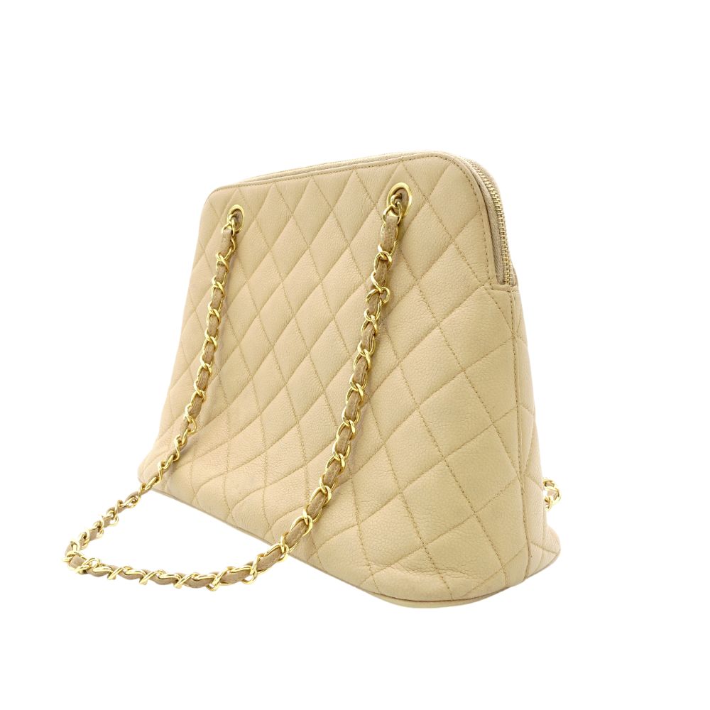 CHANEL Matelassé Beige Caviar Skin Chain Shoulder Bag Leather Quilted 7-11-136