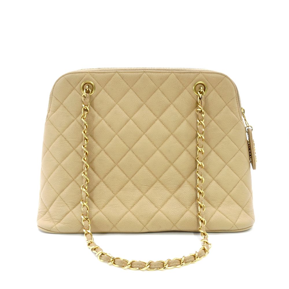 CHANEL Matelassé Beige Caviar Skin Chain Shoulder Bag Leather Quilted 7-11-136
