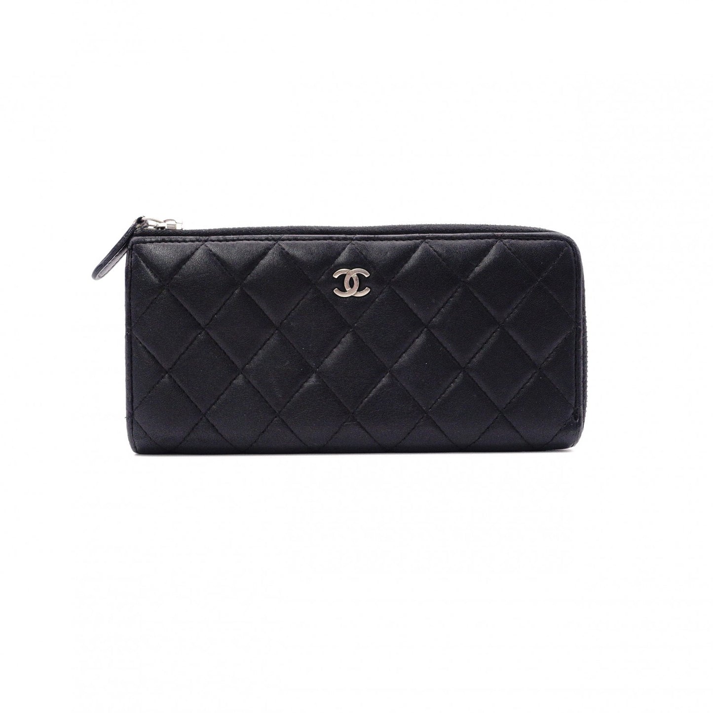 CHANEL Lambskin Matelassé Long Wallet, Leather, Black, L-Zip, Wallet, Silver Hardware